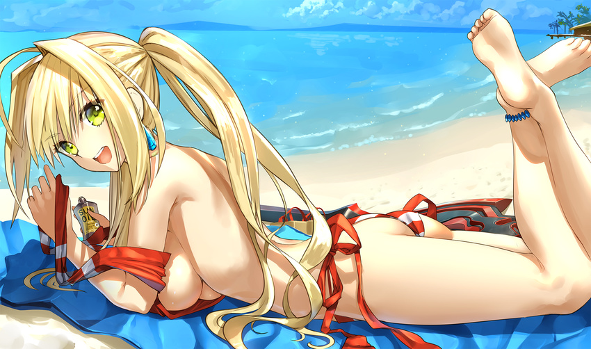 :d ahoge anklet ass bare_shoulders barefoot beach bikini breast_rest breasts crossed_legs day earrings eyebrows_visible_through_hair fate/grand_order fate_(series) from_side green_eyes hair_intakes highres horizon jewelry kawanakajima large_breasts legs_up long_hair looking_at_viewer lying nero_claudius_(fate)_(all) nero_claudius_(swimsuit_caster)_(fate) on_stomach open_mouth outdoors side-tie_bikini sideboob sidelocks smile solo striped striped_bikini swimsuit tanning_oil toe_scrunch toes twintails underbust untied very_long_hair