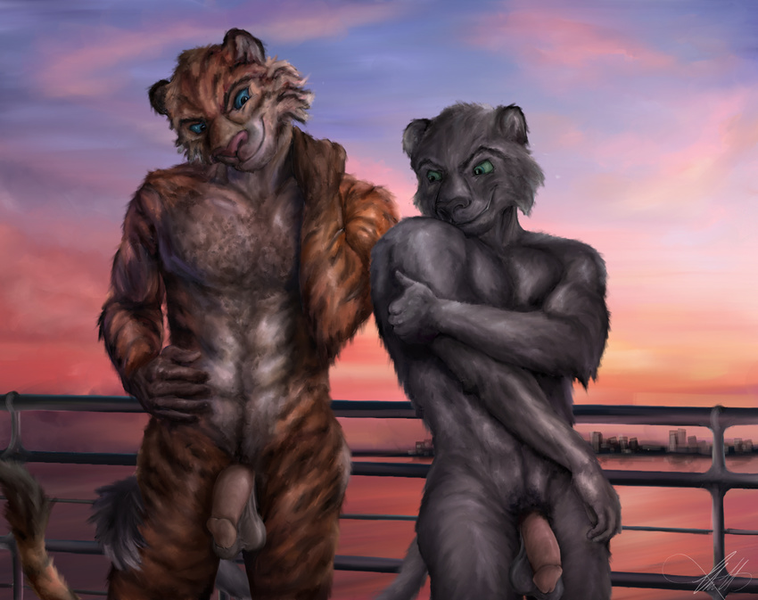 2016 5_fingers abs anthro anthro_on_anthro balls black_fur black_nose blue_eyes duo erection feline fur green_eyes half-erect killianwalker male male/male mammal muscular muscular_male nude orange_fur panther penis pink_nose pose pubes seat shy sky smile standing stripes sunset tiger