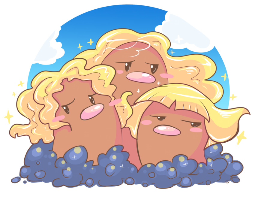 2016 3_heads alolan_dugtrio ambiguous_gender beady_eyes bedroom_eyes biped blonde_hair blush blush_sticker cloud curly_hair digital_drawing_(artwork) digital_media_(artwork) feral front_view full-length_portrait girly group hair half-closed_eyes long_hair looking_away multi_head nintendo nude pink_nose pok&eacute;mon portrait regional_variant seductive simple_background sky solo sparkling verna_corbin video_games white_background