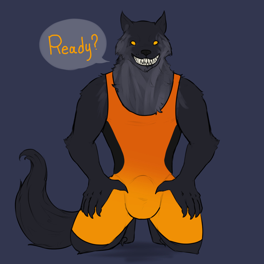 5_fingers anthro balls big_balls black_fur bulge canine claws clothed clothing fenrir fur grin kneeling looking_at_viewer male mammal muscular muscular_male norse_mythology olethros orange_eyes sharp_teeth simple_background smile smite solo teeth tight_clothing tight_underwear wolf wrestling_singlet