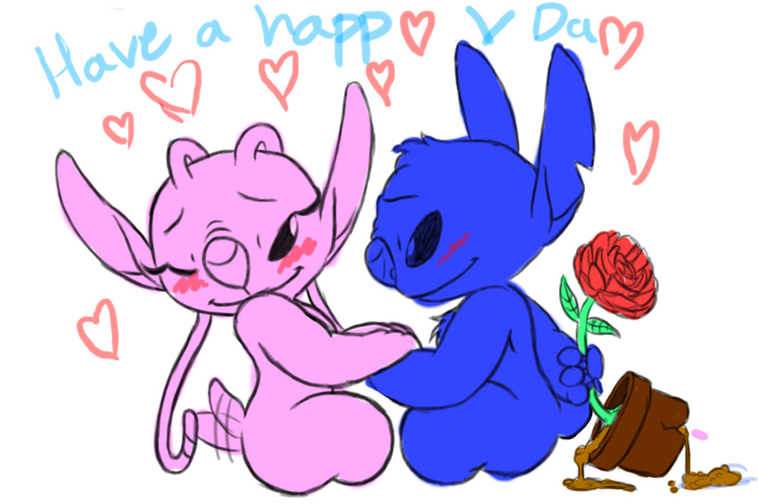 &lt;3 2010 alien angel_(lilo_and_stitch) antennae blue_body blush chest_tuft colored_sketch cute digital_drawing_(artwork) digital_media_(artwork) disney duo experiment_(species) eyelashes flower half-closed_eyes hand_holding head_tuft holding_flower holding_object holidays lilo_and_stitch mickeymonster notched_ear pink_body plant potted_plant restricted_palette romantic_couple rose simple_background smile stitch tailwag tuft valentine's_day white_background