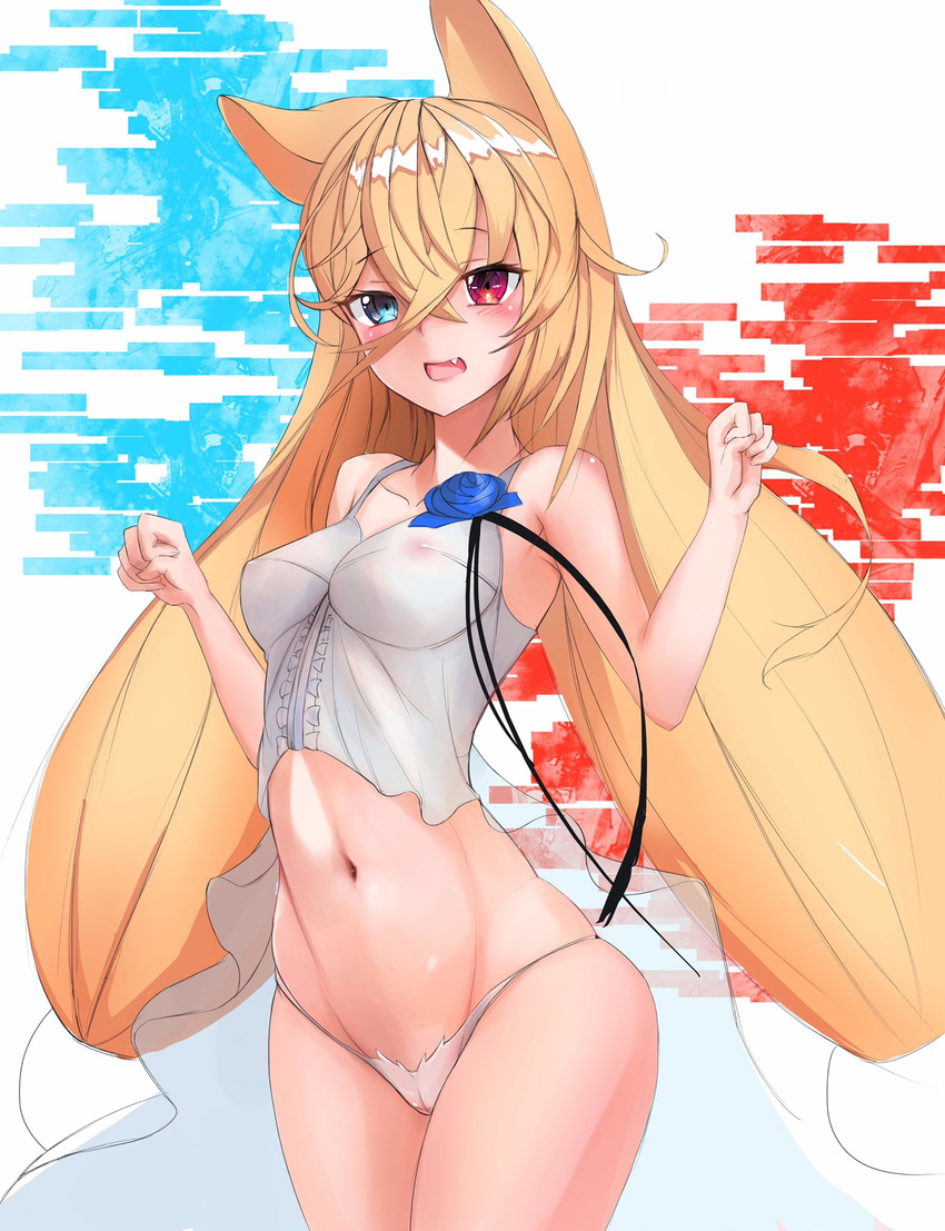 animal_ears babydoll bangs bare_arms bare_legs bare_shoulders black_ribbon blonde_hair blue_eyes blue_flower blue_rose blush body_blush breasts cameltoe center_frills cleavage clenched_hands collarbone covered_nipples cowboy_shot crotch_seam eyebrows_visible_through_hair fang flower g41_(girls_frontline) girls_frontline groin hair_between_eyes hair_ornament hands_up heterochromia highres legs_together lingerie long_hair looking_at_viewer low-tied_long_hair lowleg lowleg_panties medium_breasts navel open_mouth panties red_eyes ribbon rinu99 rose see-through shoulder_blush sketch skindentation smile standing stomach underwear very_long_hair white_panties