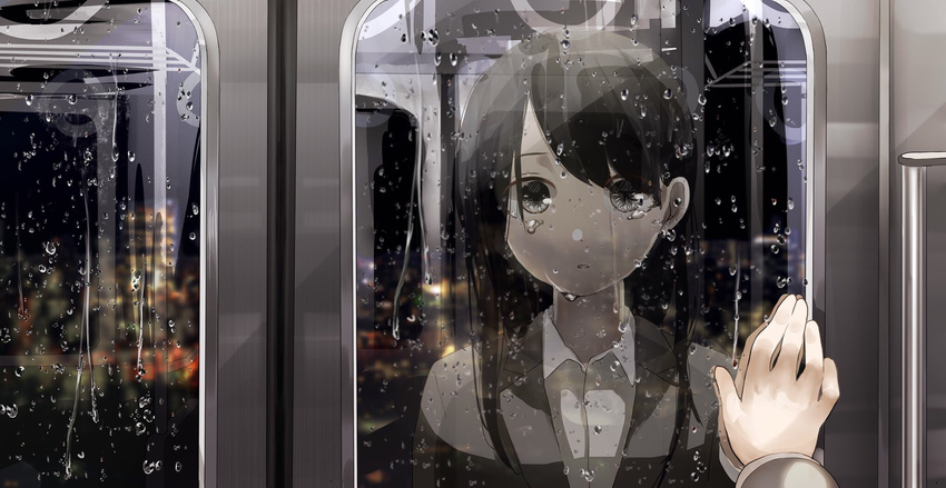 bangs black_hair blazer city collared_shirt commentary dress_shirt female_pov grey_eyes ground_vehicle hand_up highres jacket long_sleeves looking_at_viewer night original out_of_frame parted_lips pov pov_hands rain reflection shirt sidelocks solo swept_bangs tears train train_interior upper_body yuzua