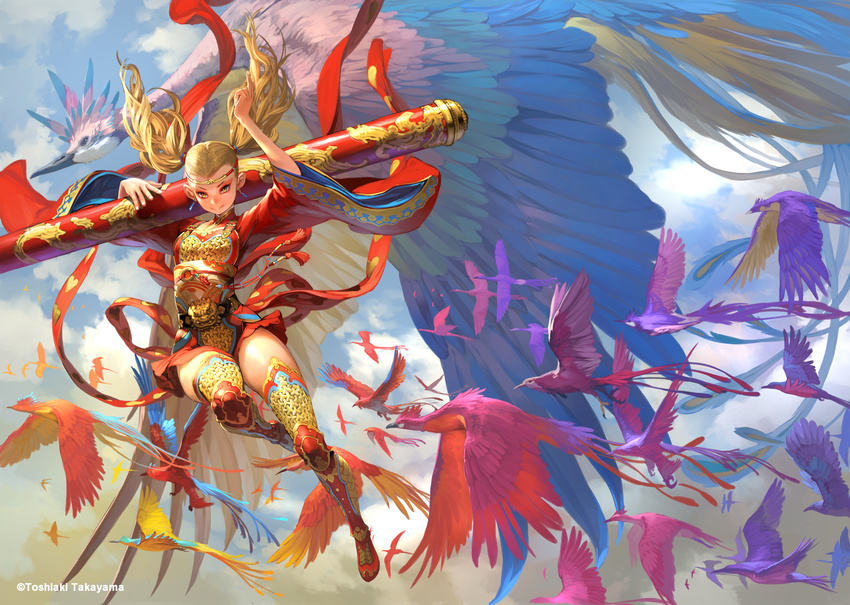 animal arms_up bird breastplate carrying_over_shoulder chinese_clothes circlet commentary earrings falling fantasy flock full_body highres holding holding_staff jewelry loincloth long_hair looking_at_viewer obi original oversized_animal pole red_legwear ribbon sash smile solo_focus staff takayama_toshiaki thighhighs twintails wide_sleeves yellow_eyes