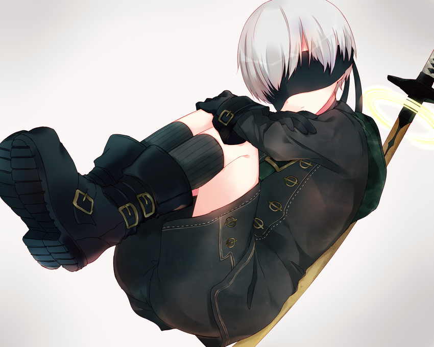 absurdres black_footwear black_gloves black_legwear black_shorts blindfold boots closed_mouth coat commentary_request gloves grey_hair highres kida_mochi kneehighs knees_up legs_together long_sleeves male_focus nier_(series) nier_automata shorts silver_hair solo sword uniform weapon yorha_no._9_type_s