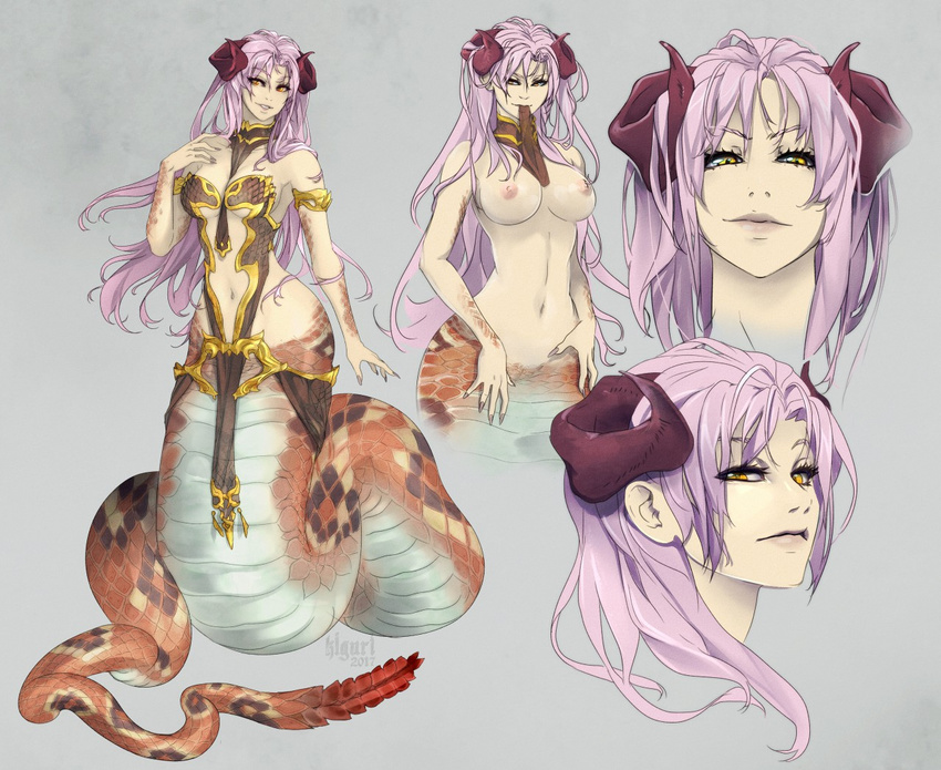 barely_visible_genitalia big_breasts breasts clothing_lift female hair horn kiguri lamia long_hair looking_at_viewer multiple_angles nipples pink_hair rattlesnake reptile scalie seductive smile snake solo subtle_pussy wide_hips yellow_eyes