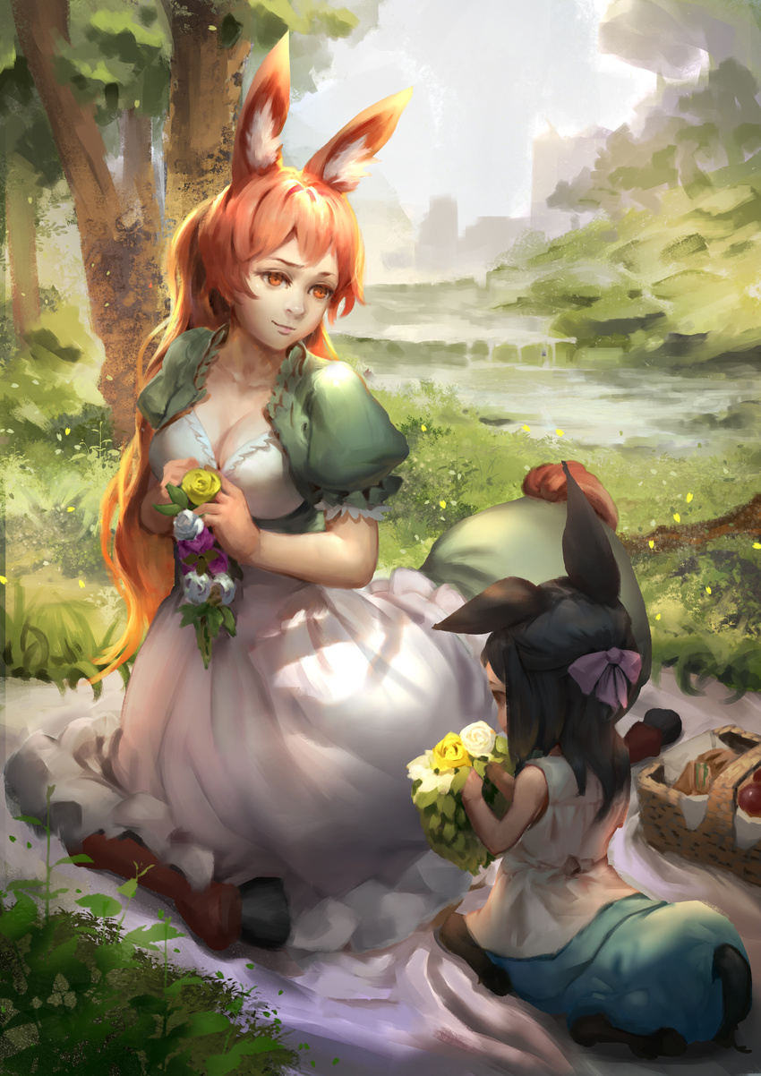 absurdres age_difference animal_ears apron basket black_hair blanket blouse bow breasts brown_eyes brown_hair centaur centaur_no_nayami cleavage cousins day dress flower forest grass green_dress hair_bow half_updo highres hooves horse_ears kimihara_himeno light_smile long_hair looking_at_another looking_to_the_side medium_breasts monster_girl multiple_girls nature on_ground orange_eyes outdoors picnic picnic_basket puffy_short_sleeves puffy_sleeves purple_bow shino_(centaur_no_nayami) short_sleeves sitting stream tree very_long_hair white_blouse wreath zuzu_sensei