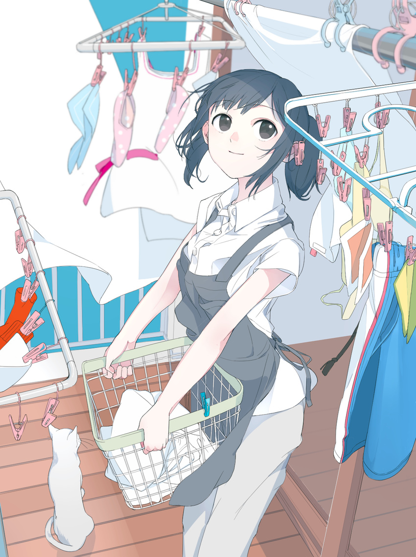 apron aspara balcony bangs blue_hair cat closed_mouth collared_shirt curtains from_outside grey_eyes highres laundry laundry_basket light_smile looking_up original outdoors pants ponytail railing shirt short_sleeves sidelocks smile solo standing white_shirt wooden_floor