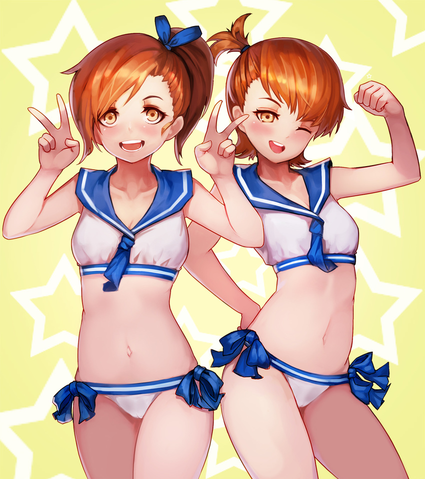 :d ;d bangs brown_eyes brown_hair double_v futami_ami futami_mami hair_bobbles hair_ornament hand_on_hip highres idolmaster idolmaster_(classic) kibellin looking_at_viewer multiple_girls navel one_eye_closed open_mouth sailor_swimsuit_(idolmaster) siblings side_ponytail sisters smile twins v