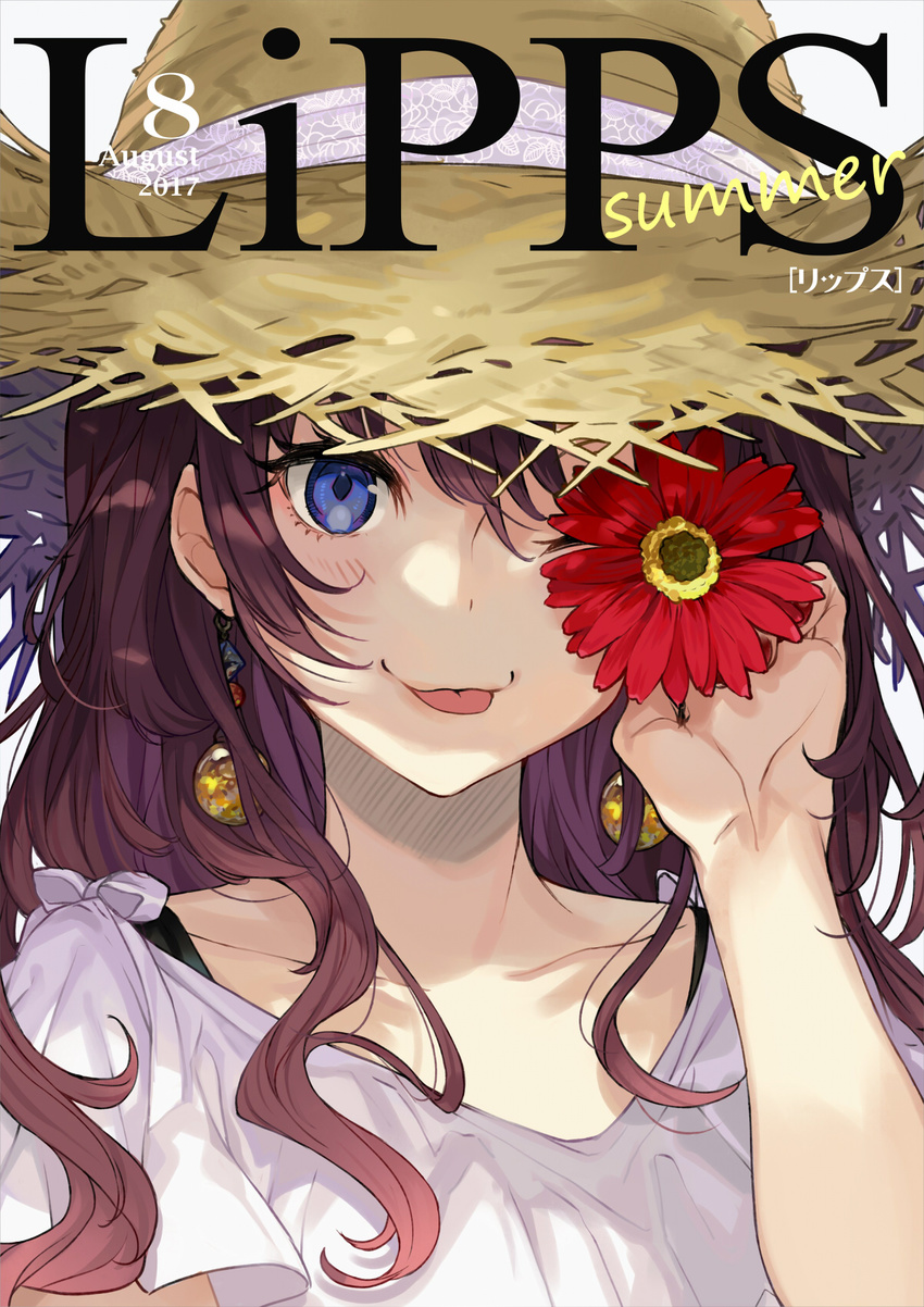 :3 :p bangs blouse blue_eyes blush brown_hair closed_mouth collarbone commentary_request daisy flower hair_between_eyes hat highres holding holding_flower ichinose_shiki idolmaster idolmaster_cinderella_girls lipps_(idolmaster) long_hair looking_at_viewer red_flower smile solo straw_hat sun_hat tongue tongue_out upper_body white_blouse yuu_(higashi_no_penguin)
