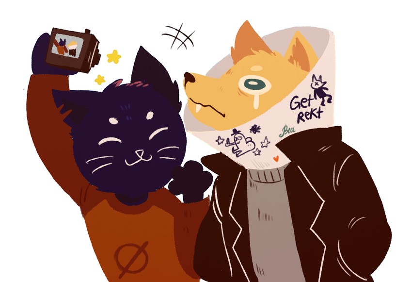 0 2017 :3 anthro black_fur camera canine clothing dickbutt doodles dye dyed_fur eyebrows fangs feline fox fur gregg_(nitw) hair humor invalid_tag jacket leather leather_jacket mae_(nitw) mammal night_in_the_woods notched_ear parody photo rekt selfie shirt smile star sweater tan_fur tears teeth text threehairs_(artist) turtleneck undershirt video_games whiskers x_eyes yellow_fur