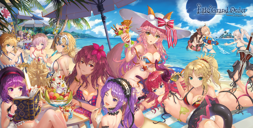 absurdres animal_ears artoria_pendragon_(all) ass beach beach_umbrella blonde_hair blue_eyes blush book breasts brown_hair character_request clarent cleavage closed_mouth copyright_name day elizabeth_bathory_(fate) elizabeth_bathory_(fate)_(all) excalibur eyebrows_visible_through_hair fate/apocrypha fate/extra fate/grand_order fate/stay_night fate_(series) flower food fox_ears fox_tail green_eyes green_hair hair_flower hair_ornament headpiece helena_blavatsky_(fate/grand_order) highres holding holding_book hongse_beiyu horns ice_cream innertube jeanne_d'arc_(fate) jeanne_d'arc_(fate)_(all) kiyohime_(fate/grand_order) koha-ace large_breasts looking_at_another looking_at_viewer lying marie_antoinette_(fate/grand_order) mash_kyrielight miyamoto_musashi_(fate/grand_order) mordred_(fate) mordred_(fate)_(all) multiple_girls navel oda_nobunaga_(fate) okita_souji_(fate) okita_souji_(fate)_(all) on_stomach one_eye_closed parfait parted_lips pink_hair popsicle purple_eyes purple_hair saber scathach_(fate)_(all) scathach_(swimsuit_assassin)_(fate) short_hair short_ponytail sideboob silver_hair sitting smile stheno sundae table tail tamamo_(fate)_(all) tamamo_no_mae_(fate) tamamo_no_mae_(swimsuit_lancer)_(fate) teeth twintails umbrella wafer wafer_stick water_gun yellow_eyes