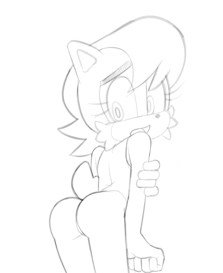 1girl animal_ears ass bare_shoulders bottomless filthypaladin from_behind furry greyscale hand_up highres looking_back looking_down looking_to_the_side monochrome no_humans open_mouth pussy sally_acorn shirt short_hair simple_background sketch sleeveless sleeveless_shirt solo sonic_the_hedgehog tail uncensored white_background
