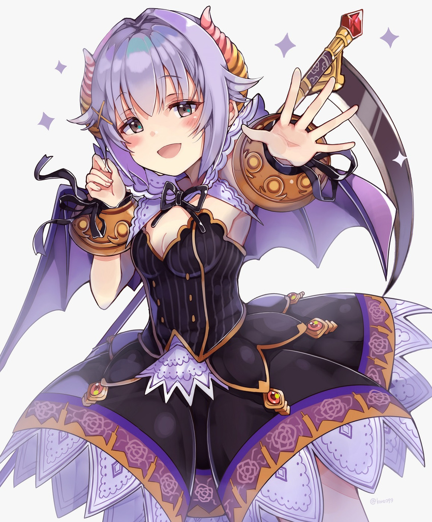 blush bracer breasts buttons cleavage collaboration collar commentary cowboy_shot demon_horns demon_wings detached_collar dress frilled_collar frills granblue_fantasy grey_eyes hair_intakes hair_ornament hair_twirling hanakanzarashi hand_in_hair highres horns idolmaster idolmaster_cinderella_girls koshimizu_sachiko looking_at_viewer medium_breasts neck_ribbon open_mouth purple_hair purple_wings reaching_out ribbon scythe simple_background solo standing strapless strapless_dress wings wrist_ribbon x_hair_ornament