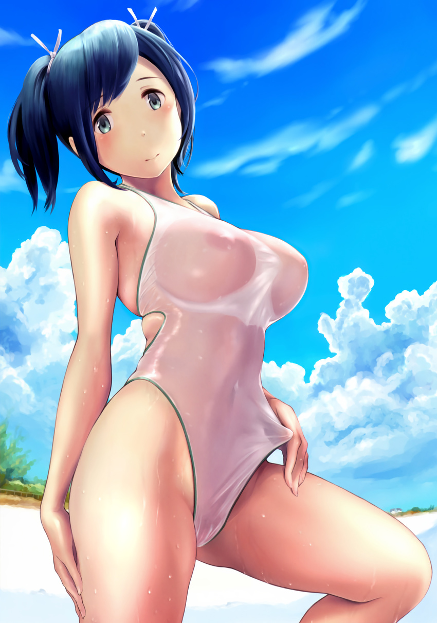 absurdres alternate_costume areolae bare_arms bare_legs bare_shoulders beach blue_eyes blue_hair blush bow breasts cleavage covered_navel cowboy_shot day from_side groin hair_between_eyes hair_bow head_tilt highleg highleg_swimsuit highres kantai_collection large_breasts leg_lift light_smile looking_at_viewer nipples ocean one-piece_swimsuit ribbon scan see-through short_twintails skindentation souryuu_(kantai_collection) standing swimsuit taut_clothes thighs twintails wa_(genryusui) wet wet_clothes wet_swimsuit white_ribbon white_swimsuit