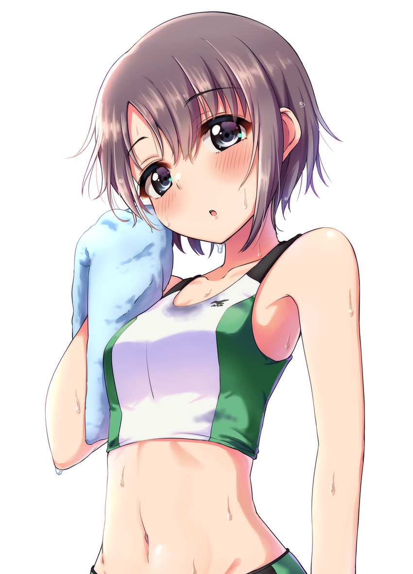 absurdres armpit_peek bangs bare_shoulders blush breasts collarbone grey_eyes grey_hair hand_up highres idolmaster idolmaster_cinderella_girls looking_at_viewer navel open_mouth otokura_yuuki rariemonn short_hair simple_background small_breasts solo sports_bra sweat towel upper_body white_background