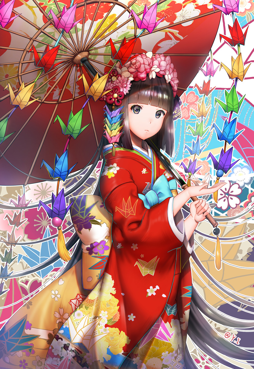 absurdres bangs black_eyes black_hair blunt_bangs closed_mouth flower from_side hair_flower hair_ornament highres holding japanese_clothes kimono looking_at_viewer oriental_umbrella origami original paper_crane parasol short_hair solo standing umbrella y.i._(lave2217)
