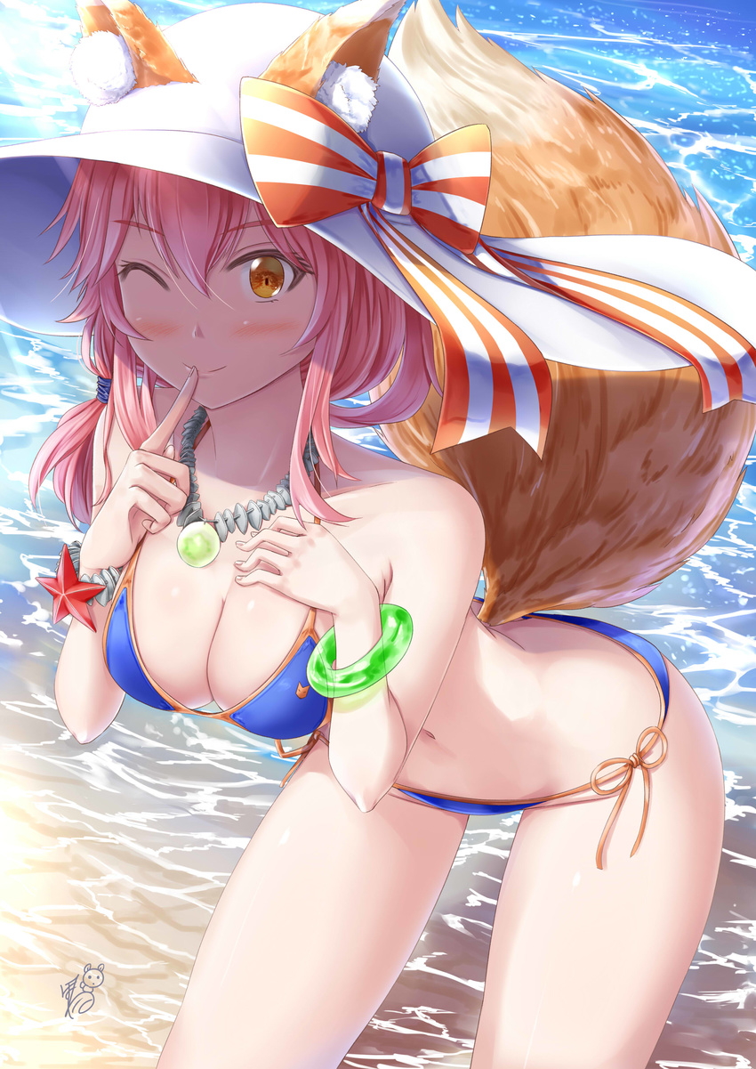 :d ;) absurdres animal_ear_fluff animal_ears ayakase_hotaru bangs bare_arms bare_legs bare_shoulders beach bikini blue_bikini blush bow bracelet breasts butt_crack cleavage closed_mouth collarbone commentary_request day ears_through_headwear eyebrows_visible_through_hair eyelashes fate/grand_order fate_(series) finger_to_mouth fox_ears fox_tail groin hair_between_eyes hair_tie hand_on_own_chest hands_up hat hat_bow highres index_finger_raised jewelry large_breasts leaning_forward long_hair looking_at_viewer navel necklace ocean one_eye_closed open_mouth outdoors pink_hair shushing side-tie_bikini side_ponytail signature smile solo strap_gap striped striped_bow sun_hat swimsuit tail tamamo_(fate)_(all) tamamo_no_mae_(fate) tamamo_no_mae_(swimsuit_lancer)_(fate) water white_hat yellow_eyes