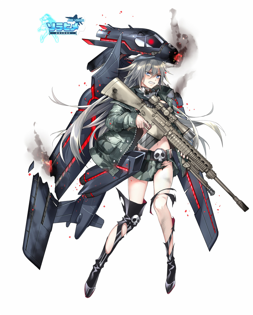 ace_virgin aircraft airplane ar-10 b-1_(ace_virgin) b-1_lancer bangs battle_rifle belt bipod black_footwear blue_eyes boots broken burning camouflage camouflage_jacket camouflage_skirt clenched_teeth copyright_name dirty finger_on_trigger flash_suppressor frills full_body grey_hair gun hair_between_eyes helmet high_heel_boots high_heels highres holding holding_gun holding_weapon jacket kangetsu_(fhalei) knee_boots logo long_hair long_sleeves looking_at_viewer machinery mecha_musume midriff navel pleated_skirt rifle scope sight skirt skull smoke solo standing teeth torn_clothes very_long_hair weapon white_background