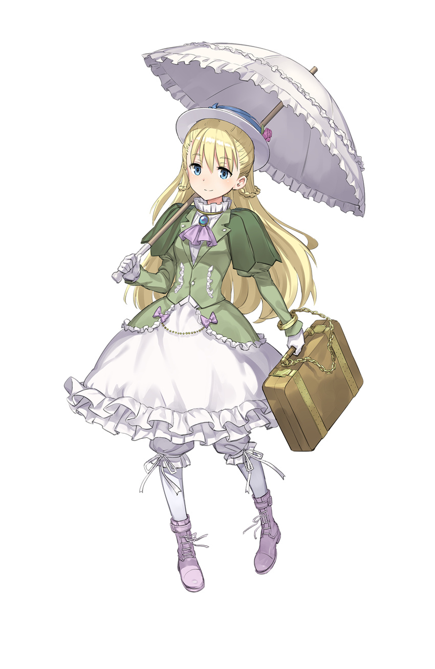 blonde_hair blue_eyes bow braid briefcase chain dress flower frilled_dress frilled_umbrella frills full_body gloves green_dress hat hat_flower highres long_hair looking_at_viewer makaria monica_golding official_art over_shoulder parasol princess_principal princess_principal_game_of_mission shoes smile solo standing transparent_background umbrella very_long_hair white_bow white_footwear white_gloves white_hat white_legwear white_umbrella