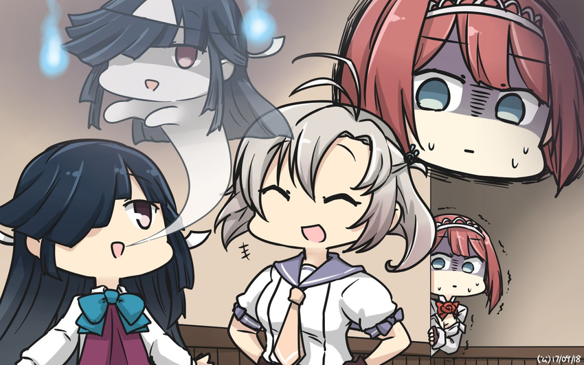 3girls :d antenna_hair ark_royal_(kantai_collection) around_corner blue_eyes bow bowtie brown_eyes closed_eyes commentary dated giving_up_the_ghost grey_hair hair_over_one_eye hamu_koutarou hands_on_hips hayashimo_(kantai_collection) highres hitodama indoors kantai_collection kinugasa_(kantai_collection) long_hair multiple_girls necktie open_mouth purple_hair red_hair sailor_collar school_uniform serafuku shaded_face short_hair smile sweat tiara trembling triangular_headpiece yellow_neckwear