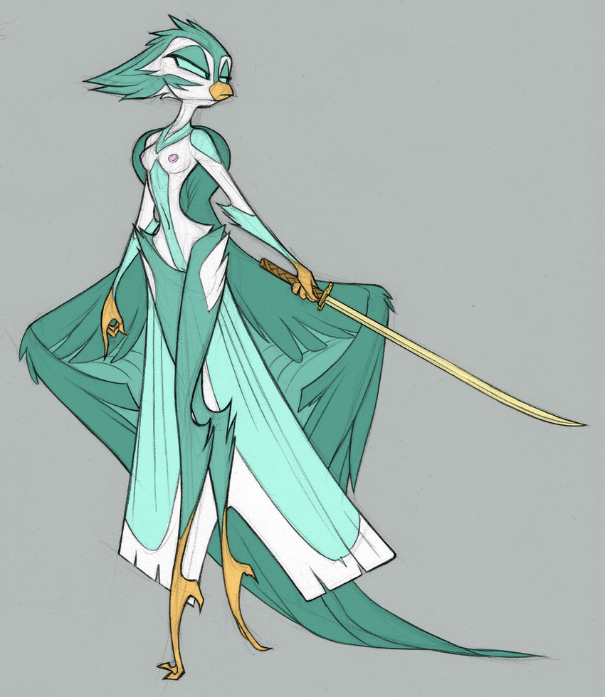 anthro avian beak bird blue_eyes blue_feathers breasts david_lillie dreamkeepers fae_winters feathers female hair long_legs melee_weapon navel nude pussy short_hair small_breasts solo sword talons weapon white_feathers wings