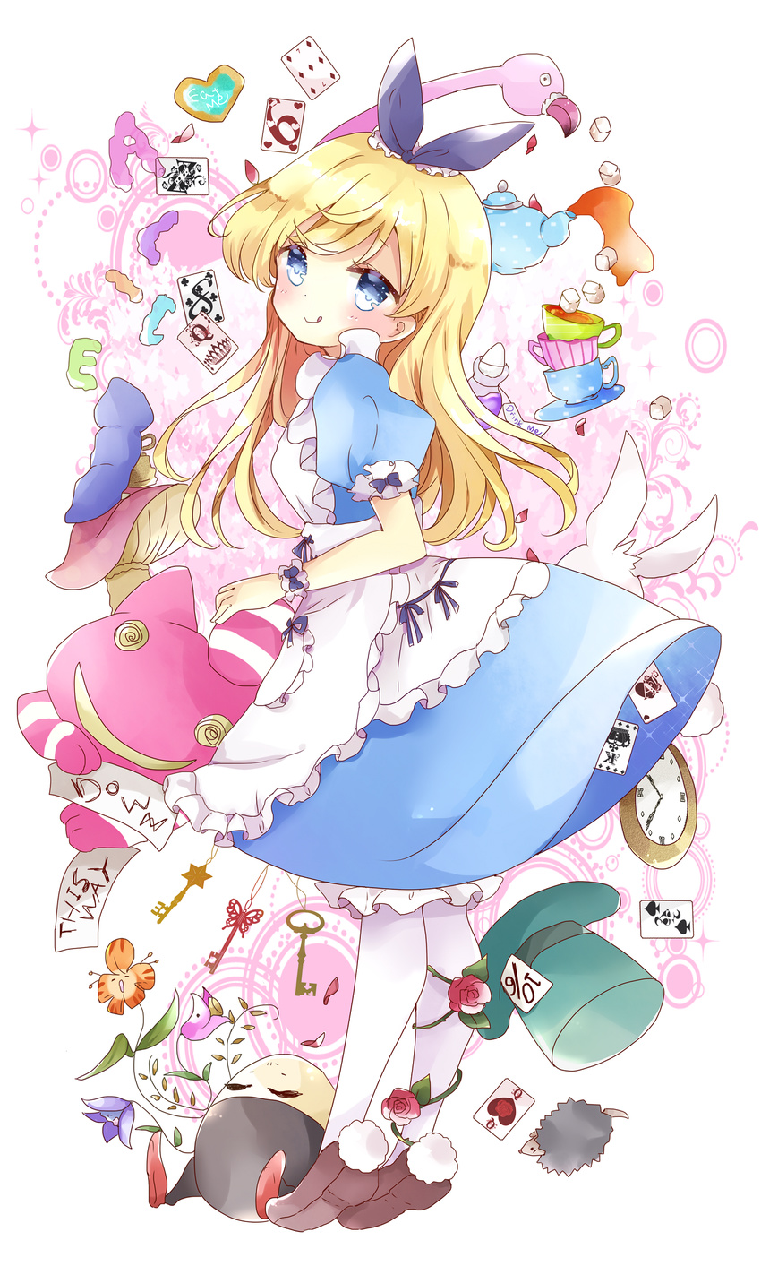 :p @_@ absurdres ace_of_hearts ace_of_spades alice_(wonderland) alice_in_wonderland animal apron bangs bird blonde_hair bloomers blue_bow blue_dress blue_eyes blue_ribbon blush bow brown_footwear bunny card cat caterpillar caterpillar_(wonderland) character_name cheshire_cat club_(shape) commentary cookie cup diamond_(shape) dress drink_me eat_me english eyebrows_visible_through_hair flamingo flower food frilled_apron frills from_side full_body glass_bottle hair_ribbon hat head_tilt heart hedgehog highres humpty_dumpty key long_hair looking_at_viewer looking_to_the_side mushroom pantyhose petals plant playing_card pocket pocket_watch puffy_short_sleeves puffy_sleeves red_flower red_rose ribbon rose saucer shoes short_sleeves smile spade_(shape) star sugar_cube tea teacup teapot thorns tongue tongue_out top_hat tsukiyo_(skymint) underwear vines watch white_apron white_legwear white_rabbit wrist_cuffs