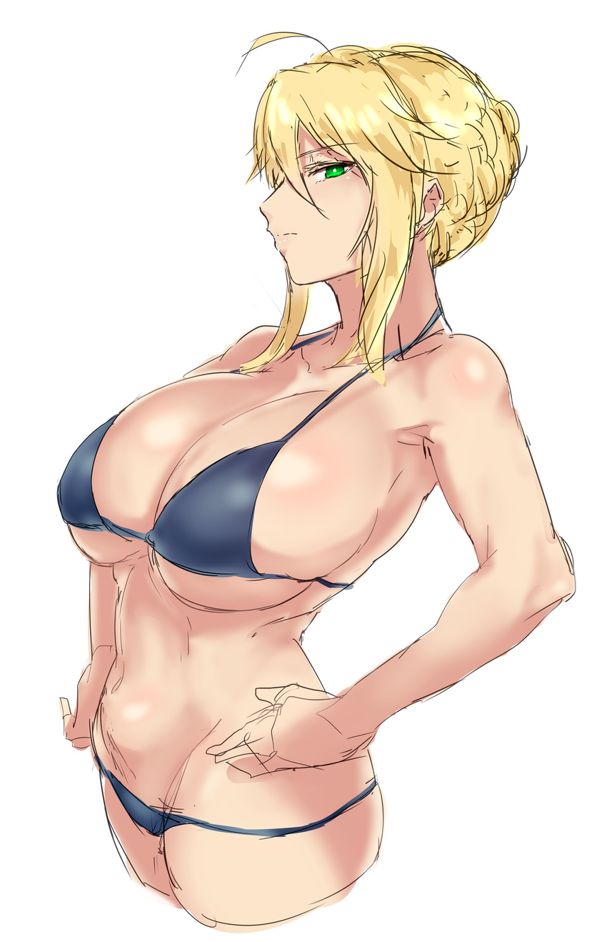 ahoge artoria_pendragon_(all) artoria_pendragon_(lancer) bikini blonde_hair blue_bikini breasts cleavage fate/grand_order fate_(series) green_eyes hands_on_hips highres hometa large_breasts looking_at_viewer navel simple_background sketch solo swimsuit white_background