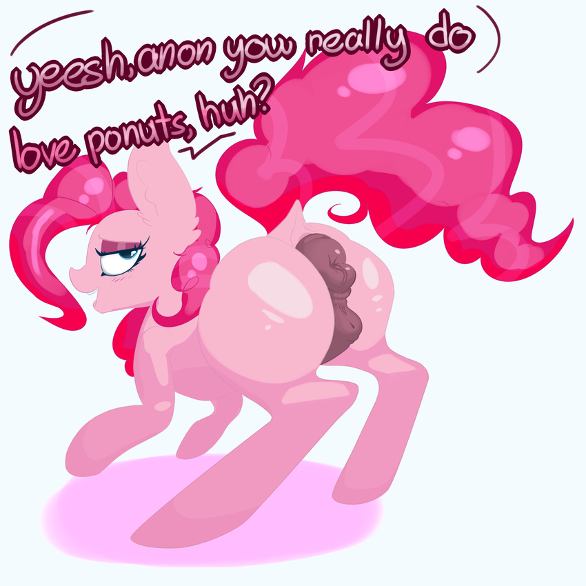 2017 anatomically_correct animal_genitalia animal_pussy anus big_butt blush butt dialogue dock equine equine_pussy female feral friendship_is_magic horse looking_at_viewer mammal my_little_pony pinkie_pie_(mlp) pony presenting puffy_anus pussy simple_background solo squishy_kitty_(artist)