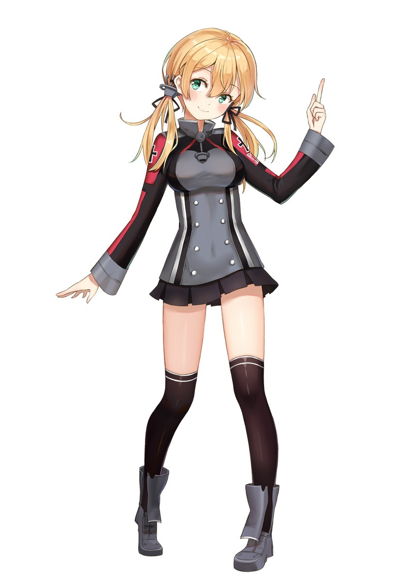 absurdres black_legwear black_ribbon black_skirt blonde_hair eyebrows_visible_through_hair full_body green_eyes hair_between_eyes hair_ribbon head_tilt highres index_finger_raised kantai_collection long_hair looking_at_viewer microskirt pleated_skirt prinz_eugen_(kantai_collection) ribbon shiny shiny_clothes simple_background skirt smile solo standing thighhighs twintails white_background yuhuan