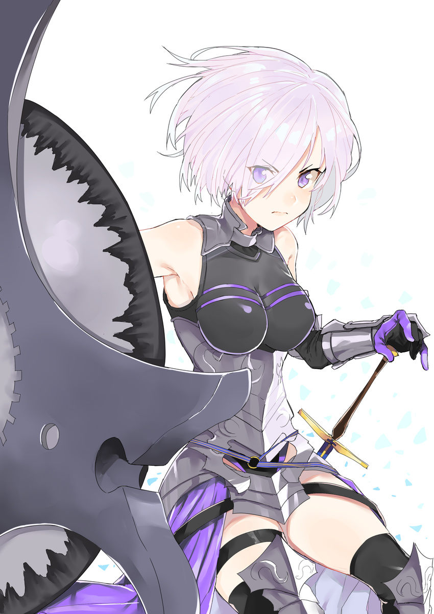 armor armored_boots armpits black_legwear black_leotard boots breasts breasts_apart eyes_visible_through_hair fate/grand_order fate_(series) gloves hair_over_one_eye highres leotard looking_at_viewer mash_kyrielight medium_breasts pinch_(nesume) purple_eyes short_hair silver_hair simple_background solo standing thigh_strap thighhighs white_background