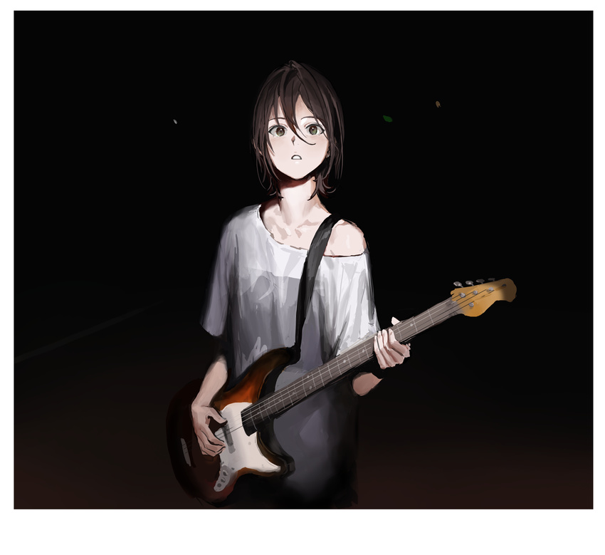 bad_id bad_pixiv_id bangs brown_eyes brown_hair commentary_request dark_background guitar hair_between_eyes highres holding holding_instrument instrument looking_at_viewer off_shoulder parted_lips rr_(suisse200) shirt short_hair short_sleeves solo standing upper_body white_shirt