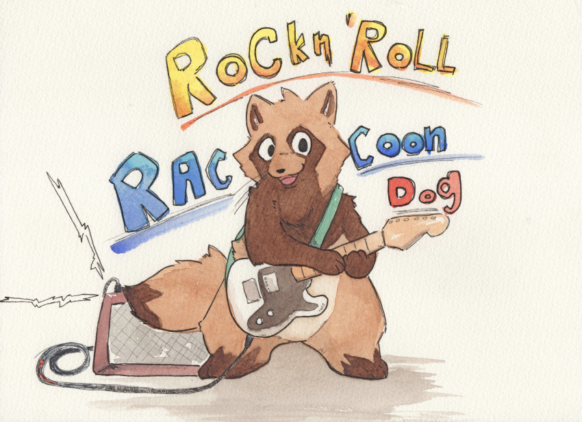 2018 anthro brown_fur canid canine fur guitar invalid_tag male mammal musical_instrument raccoon_dog solo tanuki text tinntira