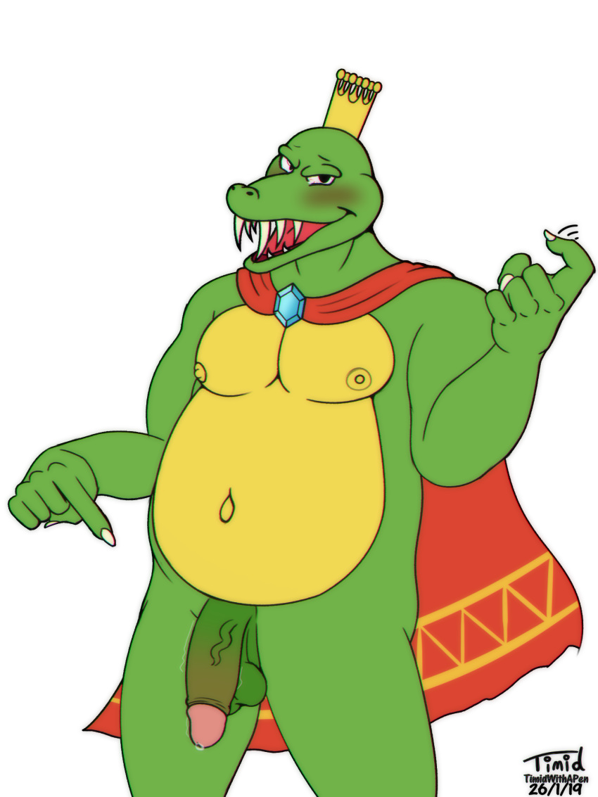 2019 anthro armor balls blush cape claws clothed clothing crocodilian crown diamond_(disambiguation) digital_media_(artwork) donkey_kong_(series) king_k_rool looking_at_viewer male male_focus musclegut muscular muscular_male nintendo nipples nude open_mouth overweight overweight_male penis reptile scalie simple_background smile solo teeth timidwithapen tongue video_games