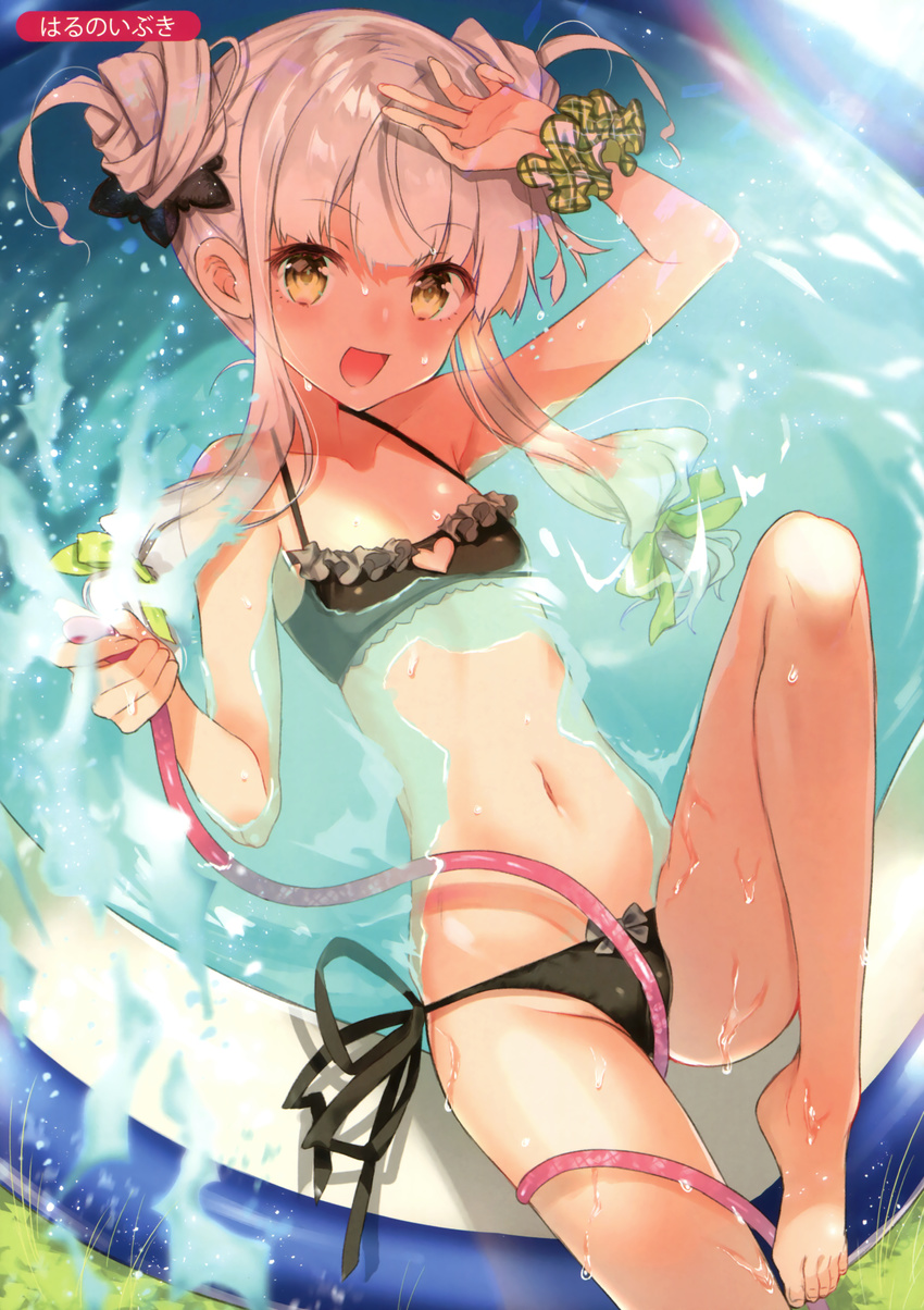 :d absurdres arm_up artist_name bangs barefoot bikini black_bikini black_ribbon blonde_hair collarbone eyebrows_visible_through_hair flat_chest frilled_bikini frills green_ribbon hair_ornament harunoibuki heart_cutout highres holding_hose hose long_hair looking_at_viewer lying melonbooks navel on_back open_mouth outdoors plaid plaid_scrunchie ribbon scan scrunchie side-tie_bikini smile solo spraying swimsuit wading_pool water wet wrist_scrunchie yellow_eyes