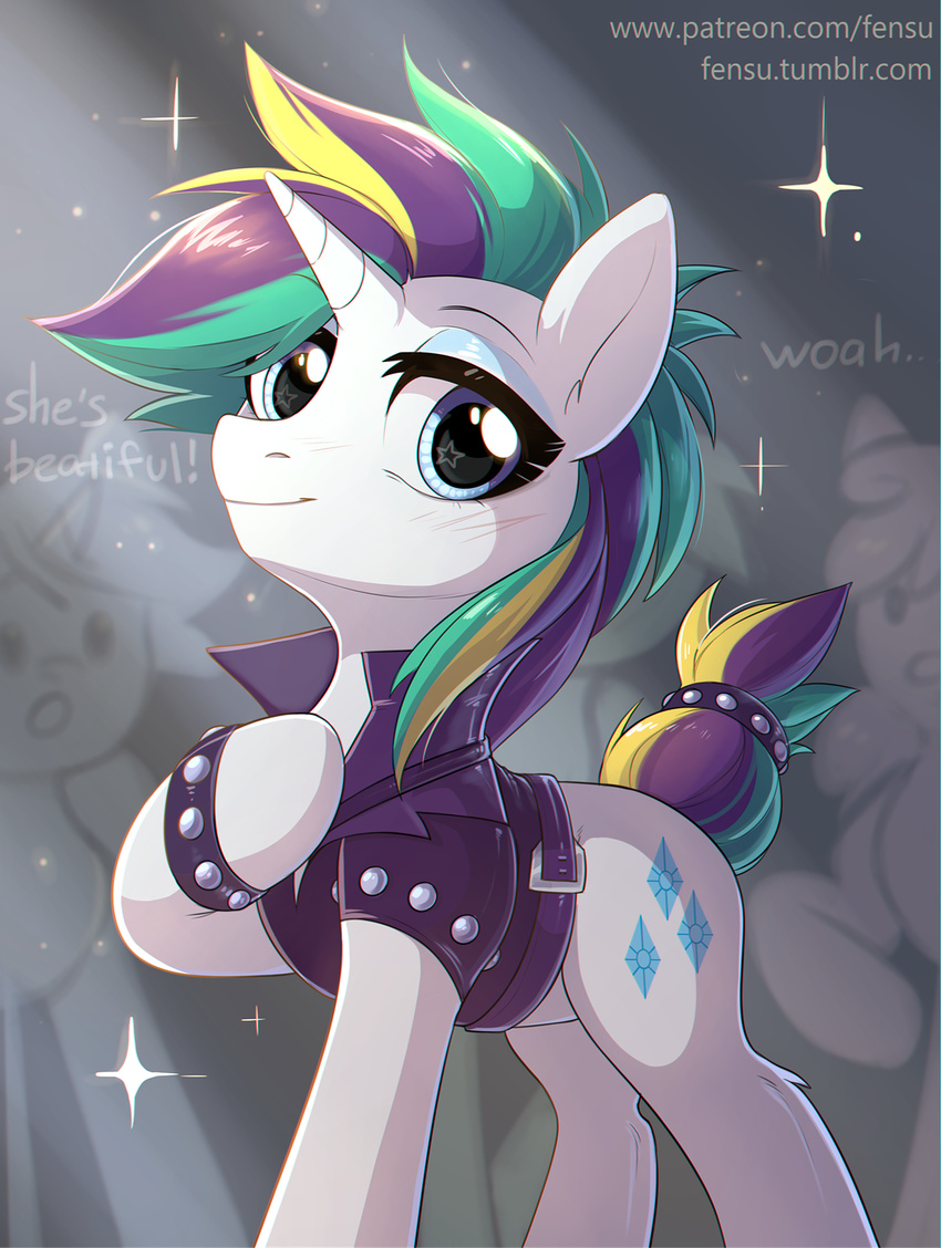 2017 clothing english_text equine eyeshadow fensu-san feral friendship_is_magic group hair hi_res horn looking_at_viewer makeup mammal multicolored_hair my_little_pony rarity_(mlp) smile solo_focus text unicorn
