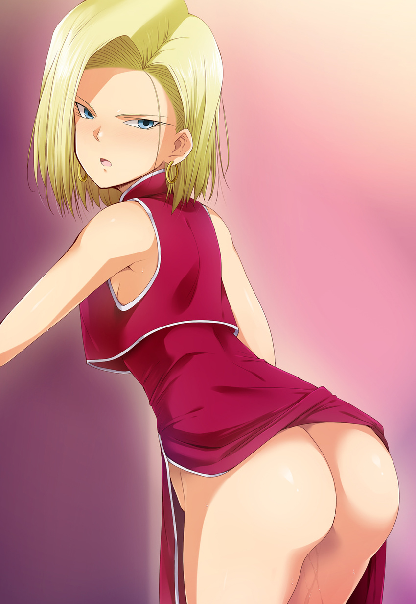 1girl android_18 ass back bare_arms bare_legs blonde_hair blue_eyes blush bob_cut breasts china_dress chinese_clothes dragon_ball dragonball_z dress earrings gradient_background highres hoop_earrings kaiga legs looking_back no_panties parted_lips pussy_juice short_hair simple_background sleeveless solo standing thighs wet