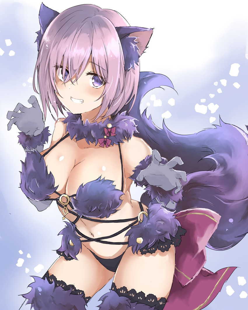 animal_ears bangs black_legwear black_panties blush breasts claw_pose cleavage collarbone commentary_request cowboy_shot dangerous_beast elbow_gloves eyebrows_visible_through_hair fate/grand_order fate_(series) fox_ears fox_tail fur-trimmed_legwear fur_collar fur_trim fuyumino gloves grey_gloves grin hair_over_one_eye hands_up highres lace lace-trimmed_thighhighs large_breasts leaning_forward looking_at_viewer mash_kyrielight navel o-ring o-ring_top panties purple_eyes purple_hair short_hair smile solo tail teeth thighhighs thighs underwear