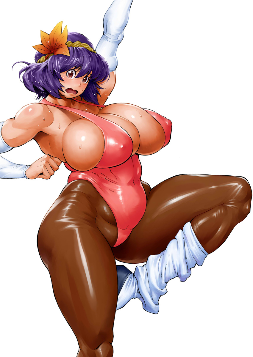 absurdres alternate_costume arm_above_head arms_up autumn_leaves bangs blush bonten breasts covered_nipples curvy embarrassed exercise eyebrows_visible_through_hair flying_sweatdrops hair_between_eyes hair_bun highres huge_breasts knee_up leotard looking_at_viewer muscle open_mouth pantyhose pink_leotard purple_hair red_eyes rope shiny shiny_clothes shiny_hair shiny_skin short_hair simple_background skindentation solo standing standing_on_one_leg sweat sweating_profusely thick_thighs thighs touhou wavy_mouth white_background wide_hips yasaka_kanako