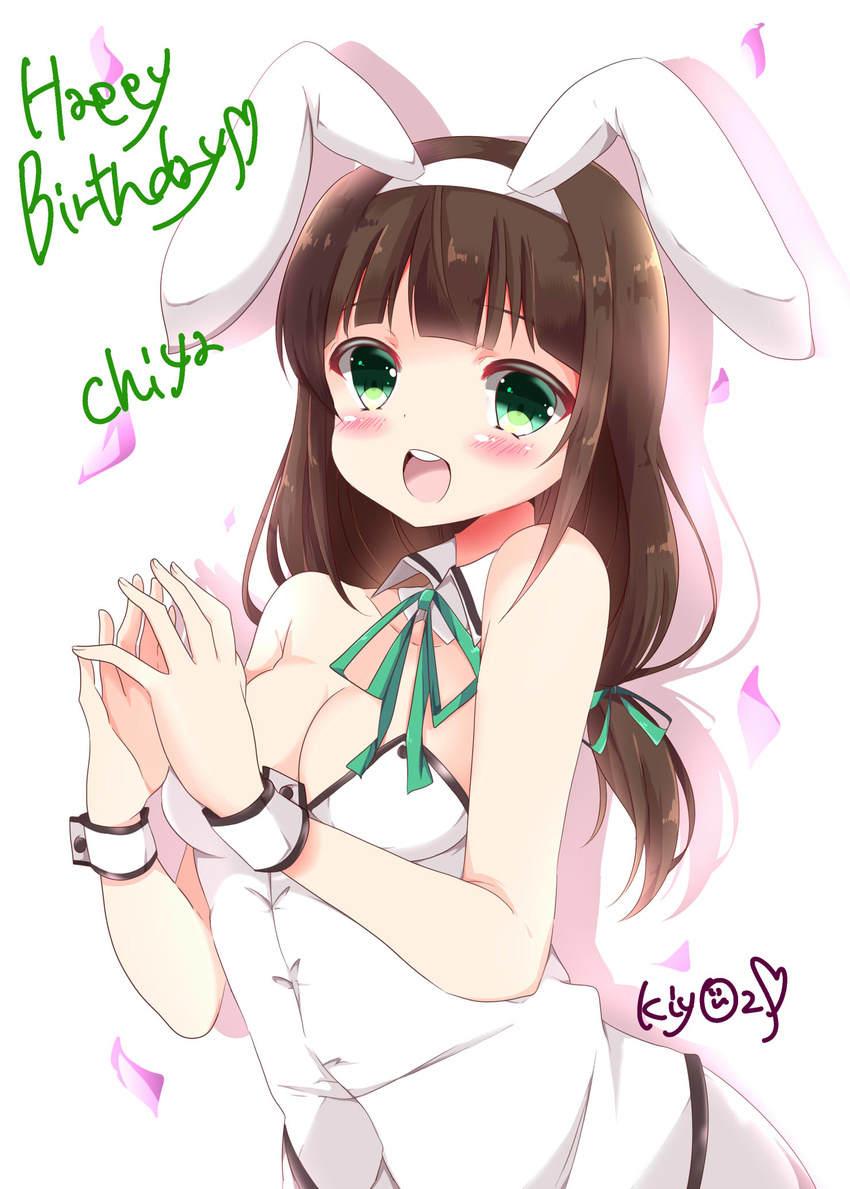 :d animal_ears artist_name bangs blunt_bangs blush breasts brown_hair bunny_ears bunny_girl character_name cleavage collarbone commentary_request cowboy_shot detached_collar english eyebrows_visible_through_hair fake_animal_ears gochuumon_wa_usagi_desu_ka? green_eyes green_neckwear green_ribbon hairband hands_together happy_birthday highres kiyo_(yamazoe1122) long_hair looking_at_viewer medium_breasts neck_ribbon open_mouth petals ribbon shadow shirt skirt sleeveless sleeveless_shirt smile solo ujimatsu_chiya white_background white_collar white_hairband white_shirt white_skirt wrist_cuffs