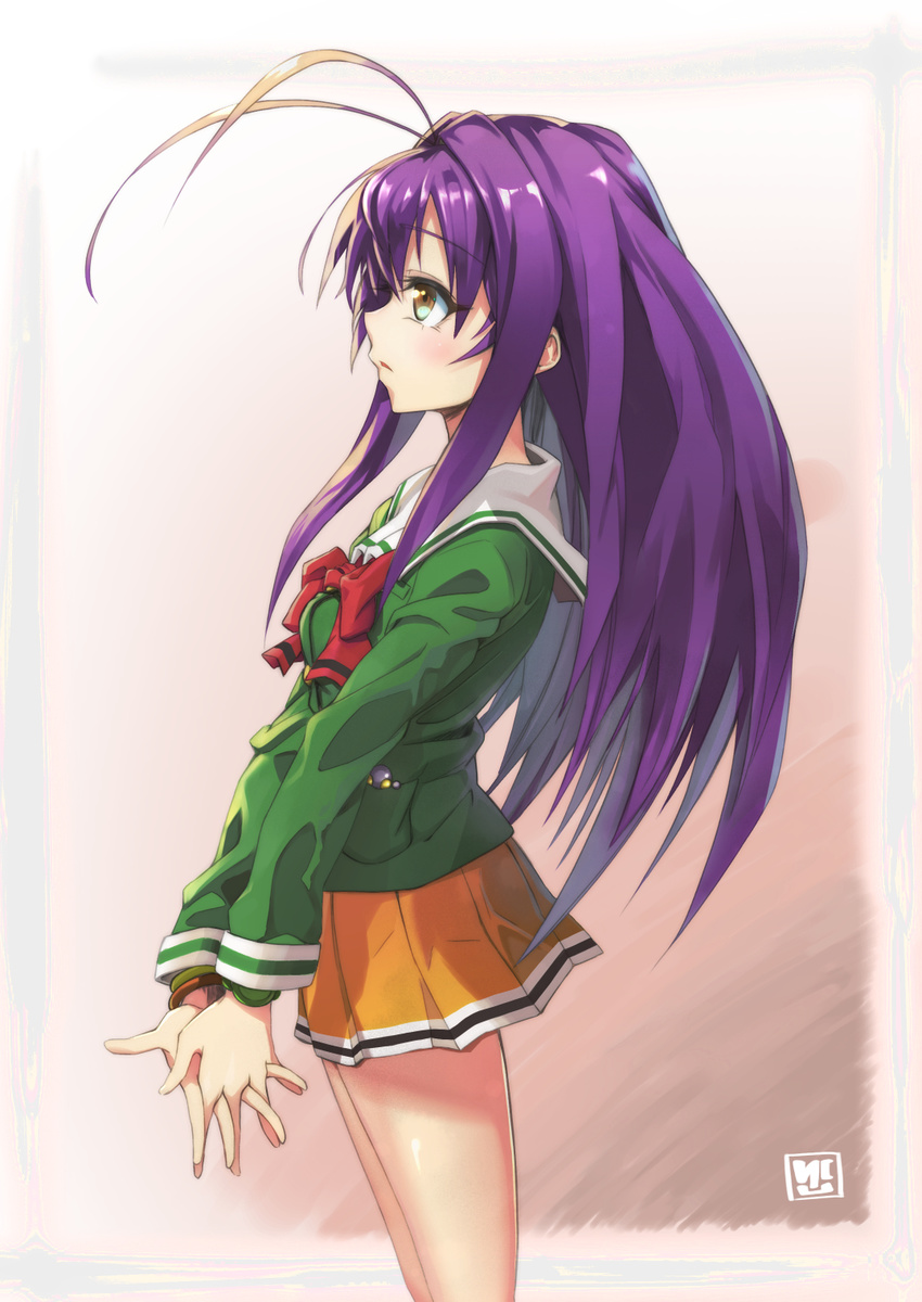 antenna_hair bangs bow bowtie bracelet brown_eyes eyebrows_visible_through_hair from_side green_shirt highres interlocked_fingers jewelry kakko_madoka kotobuki_miyuki long_hair long_sleeves looking_to_the_side own_hands_together parted_lips pleated_skirt pocket profile purple_hair school_uniform serafuku shirt sidelocks skirt solo standing tokimeki_memorial tokimeki_memorial_2 yellow_skirt