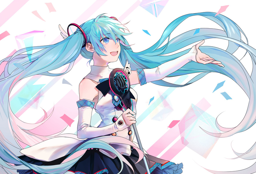 :d black_skirt blue_eyes blue_hair detached_sleeves eyebrows_visible_through_hair floating_hair hair_between_eyes hat hatsune_miku highres holding holding_microphone long_hair magical_mirai_(vocaloid) microphone microphone_stand miniskirt open_mouth outstretched_arm owo_(pixiv9581719) pleated_skirt shirt skirt sleeveless sleeveless_shirt smile solo standing twintails very_long_hair vocaloid white_shirt