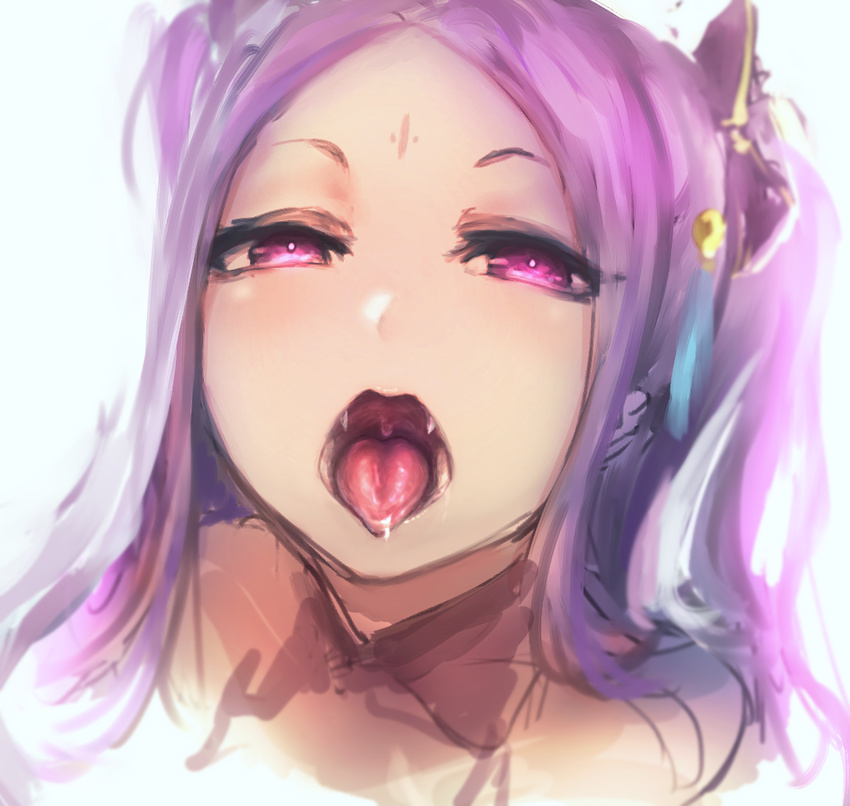 bow facial_mark fate/grand_order fate_(series) forehead_mark hair_bow hometa looking_at_viewer open_mouth oral_invitation purple_eyes purple_hair saliva solo tareme tongue tongue_out wu_zetian_(fate/grand_order)