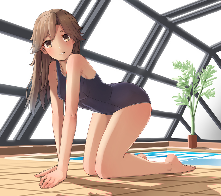 absurdres all_fours arashio_(kantai_collection) arm_support barefoot blue_swimsuit brown_eyes brown_hair full_body highres indoors kantai_collection long_hair one-piece_swimsuit plant pool rei_no_pool school_swimsuit solo soushou_nin swimsuit window