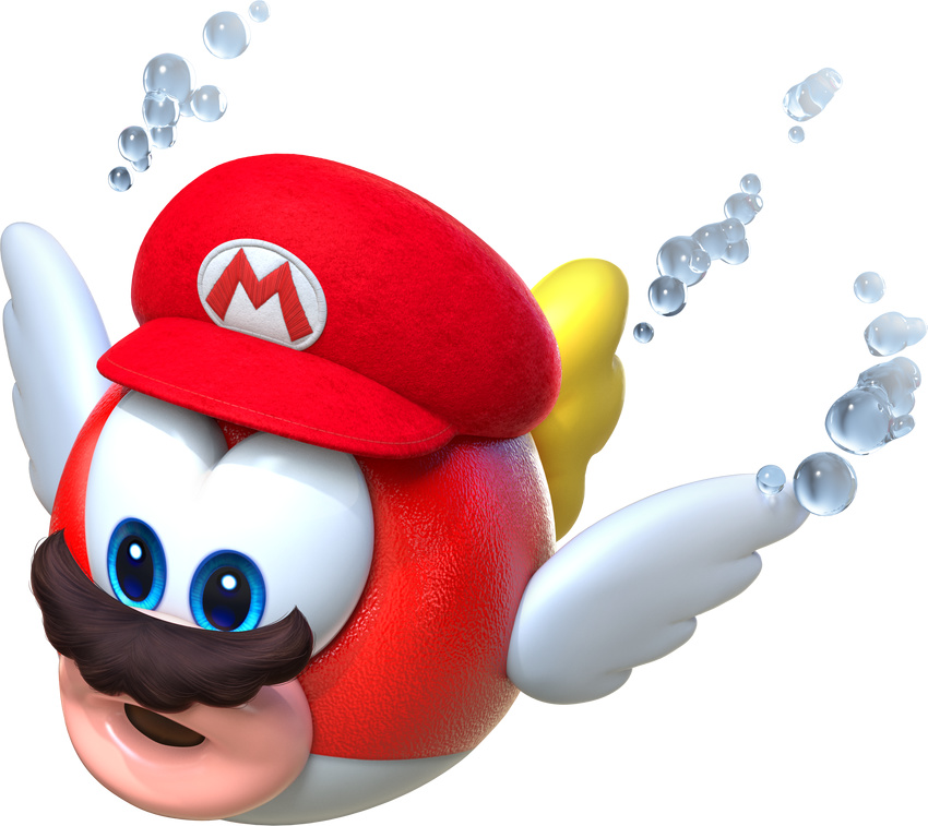 3d_(artwork) absurd_res alpha_channel blue_eyes bubble cappy_(mario) cheep_cheep clothed clothed_feral clothing conjoined_eyes detailed digital_media_(artwork) facial_hair feathered_wings feathers feral fish front_view full-length_portrait hat hi_res male marine mario_(cheep_cheep) mario_bros mostly_nude mustache naked_hat nintendo official_art open_mouth plump_lips portrait possession red_body simple_background solo super_mario_odyssey swimming transparent_background two_tone_body unknown_artist video_games white_body white_wings wings yellow_tail