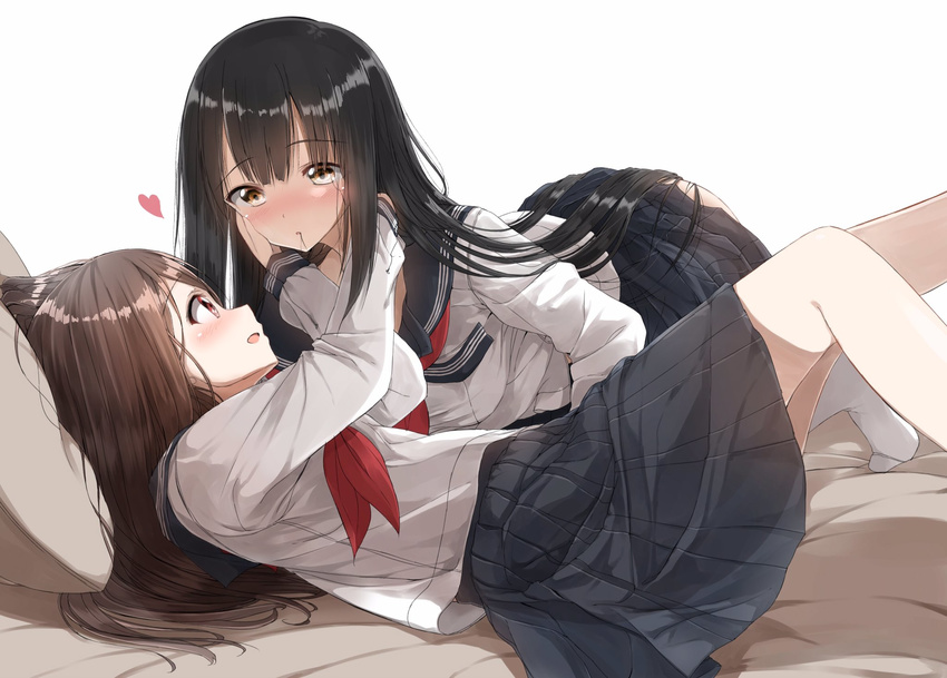 bangs black_hair blush brown_hair eyebrows_visible_through_hair hair_in_mouth hands_on_another's_face heart highres long_hair looking_at_another lying multiple_girls open_mouth orange_eyes original pentagon_(railgun_ky1206) red_eyes red_ribbon ribbon school_uniform simple_background skirt very_long_hair white_background yuri