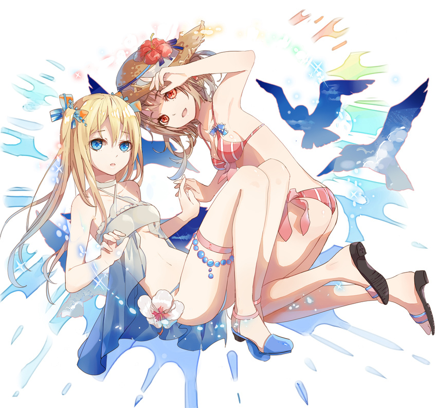 arm_up ass babydoll bangs bikini bird blonde_hair blue_eyes bow breasts brown_hair collarbone commentary_request eyebrows_visible_through_hair flower fre full_body grey_bikini hair_between_eyes hair_bow hair_flower hair_ornament hand_up hibiscus holding_hands interlocked_fingers kai-ri-sei_million_arthur long_hair looking_at_viewer million_arthur_(series) multiple_girls official_art parted_lips pink_bikini red_eyes sandals short_hair sidelocks small_breasts striped striped_bikini swimsuit thigh_strap thighs twintails