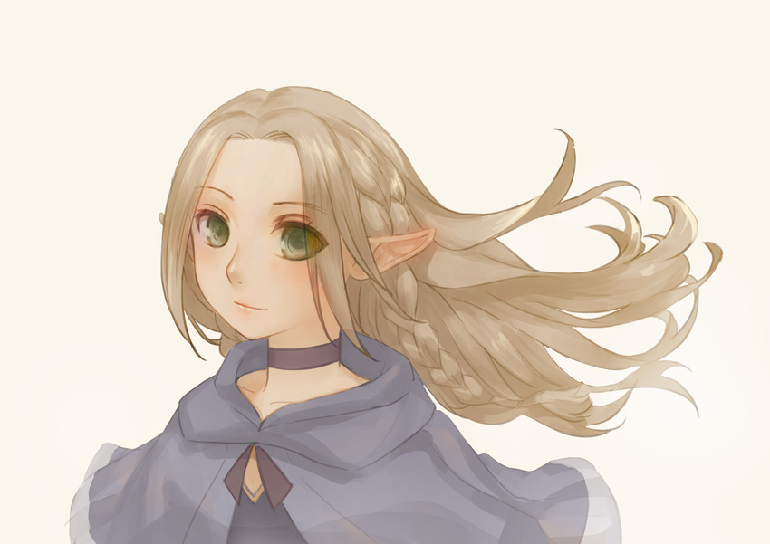 absurdres blonde_hair blue_capelet blue_choker blue_dress blush braid capelet choker closed_mouth commentary dress dungeon_meshi elf eyebrows_visible_through_hair eyes_visible_through_hair green_eyes grey_background highres light_smile long_hair looking_at_viewer madcocoon marcille pointy_ears simple_background smile solo