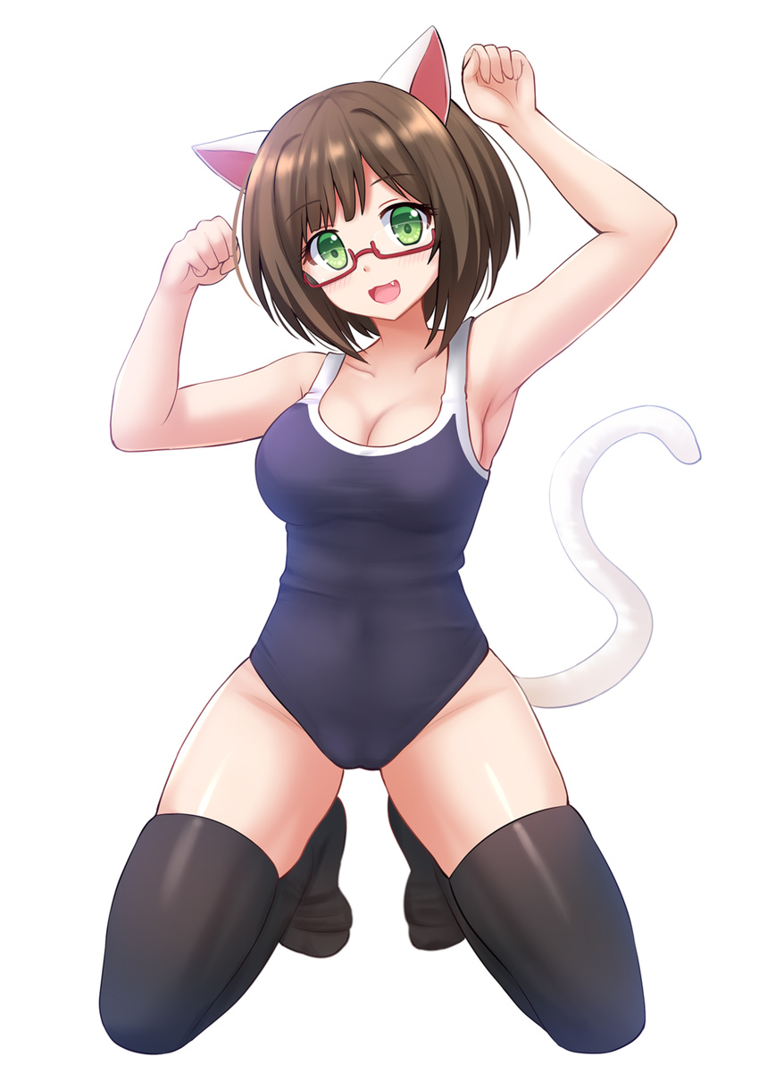 :d animal_ears armpits arms_up bangs bare_arms bare_shoulders black_legwear blue_swimsuit blush breasts cat_ears cat_tail cleavage collarbone competition_school_swimsuit eyebrows_visible_through_hair fang full_body glasses highres idolmaster idolmaster_cinderella_girls kazenokaze kemonomimi_mode kneeling legs_apart looking_at_viewer maekawa_miku medium_breasts no_shoes one-piece_swimsuit open_mouth paw_pose red-framed_eyewear school_swimsuit semi-rimless_eyewear short_hair simple_background skindentation smile solo swimsuit tail tareme thighhighs under-rim_eyewear white_background