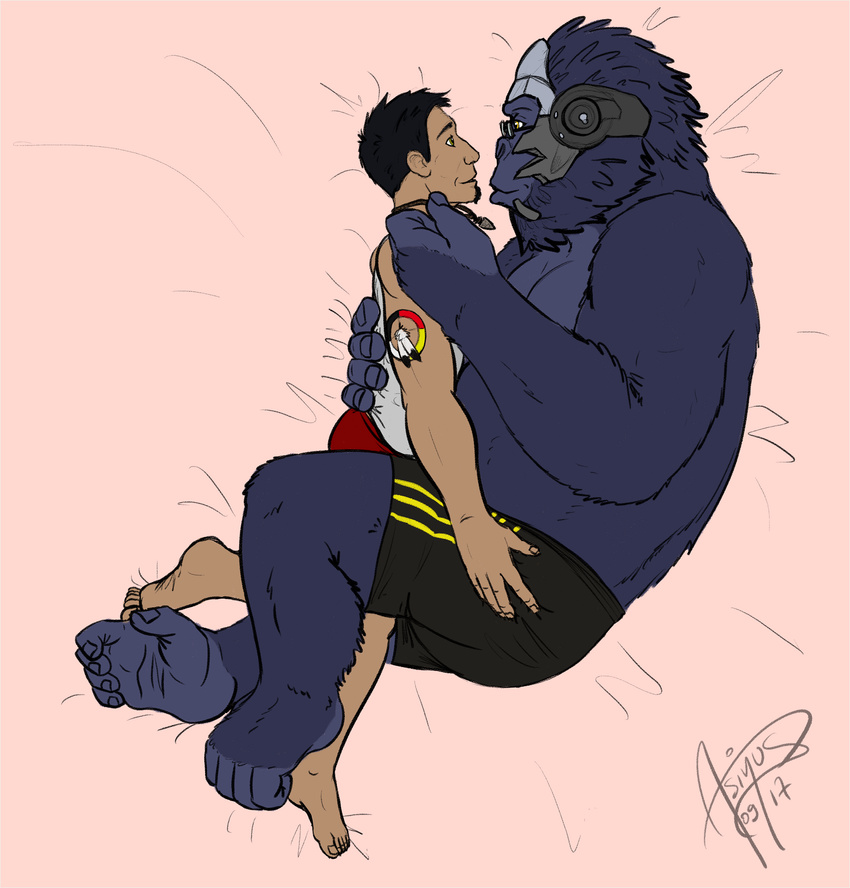 ape cuddling cute facial_hair fan_character fur gorilla hair headgear human love male male/male mammal overwatch primate size_difference video_games winston_(overwatch)